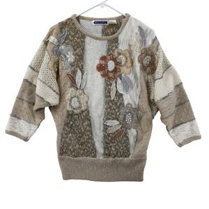 Mariea Kim Sweater Womens Medium Patchwork‎ Floral Knit 3D Flowers Boho Unique